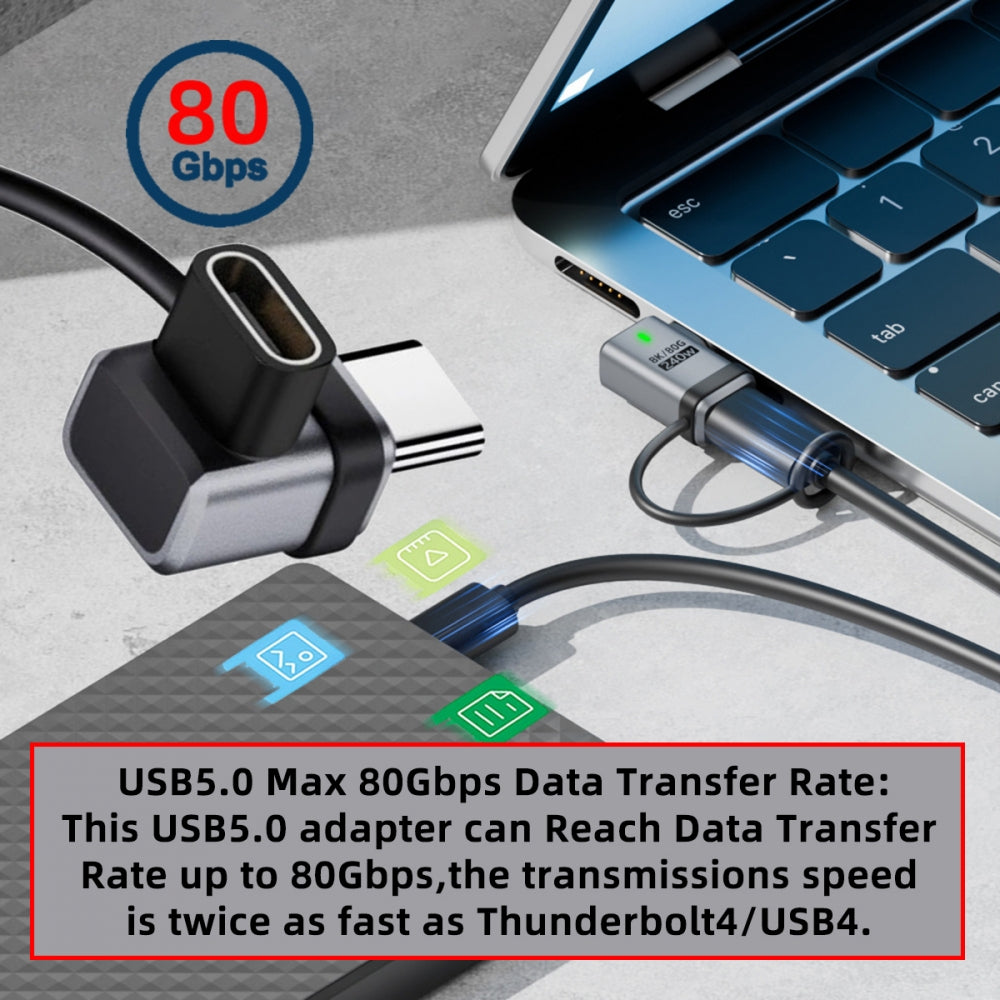 90 Degree USB5.0 80Gbps Male to Female Low Profile Down Up Angled Extension Adapter with Lanyard Keychain 240W 16K 8K 5K Compatible with USB4.0 Thunderbolt3/4/5
