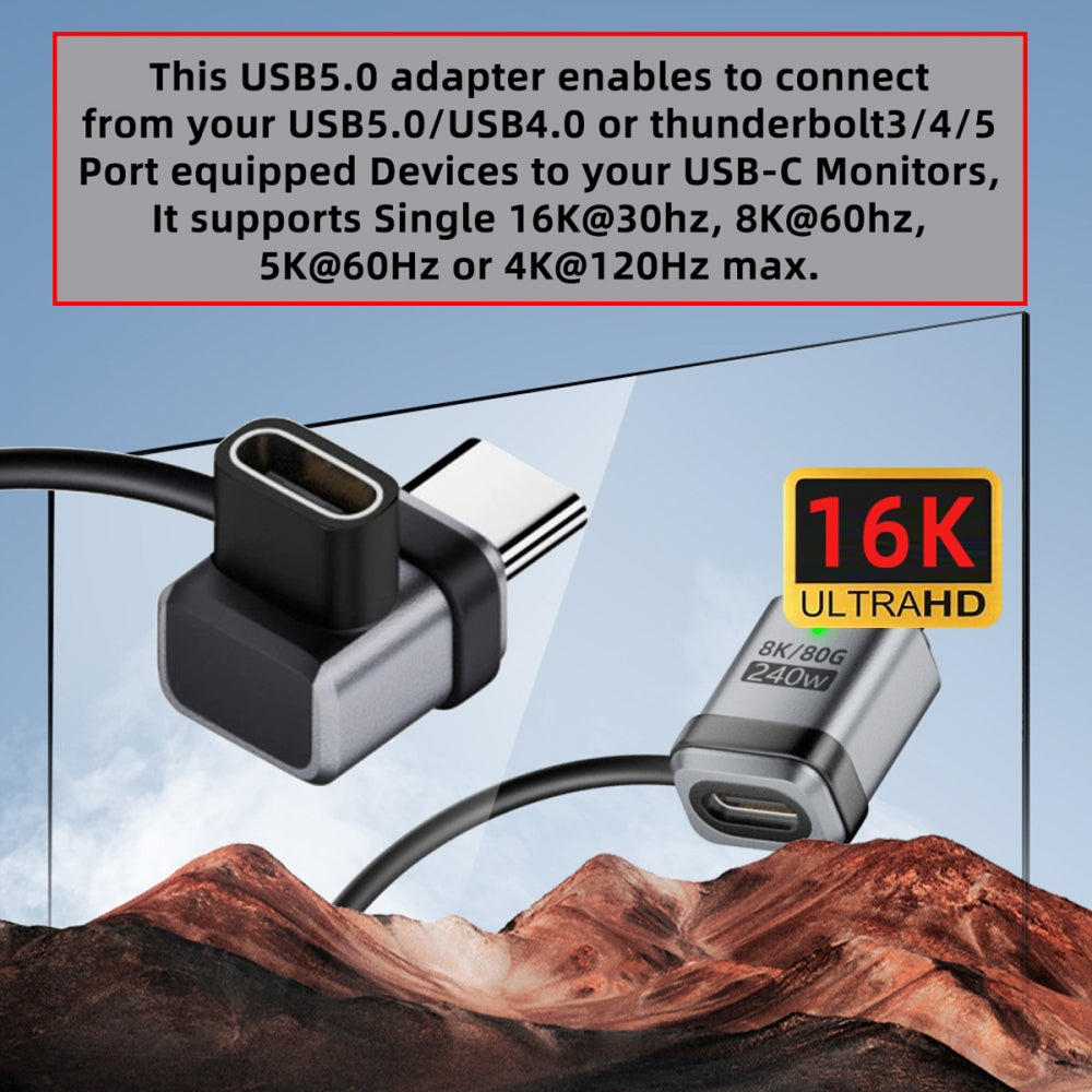 90 Degree USB5.0 80Gbps Male to Female Low Profile Down Up Angled Extension Adapter with Lanyard Keychain 240W 16K 8K 5K Compatible with USB4.0 Thunderbolt3/4/5