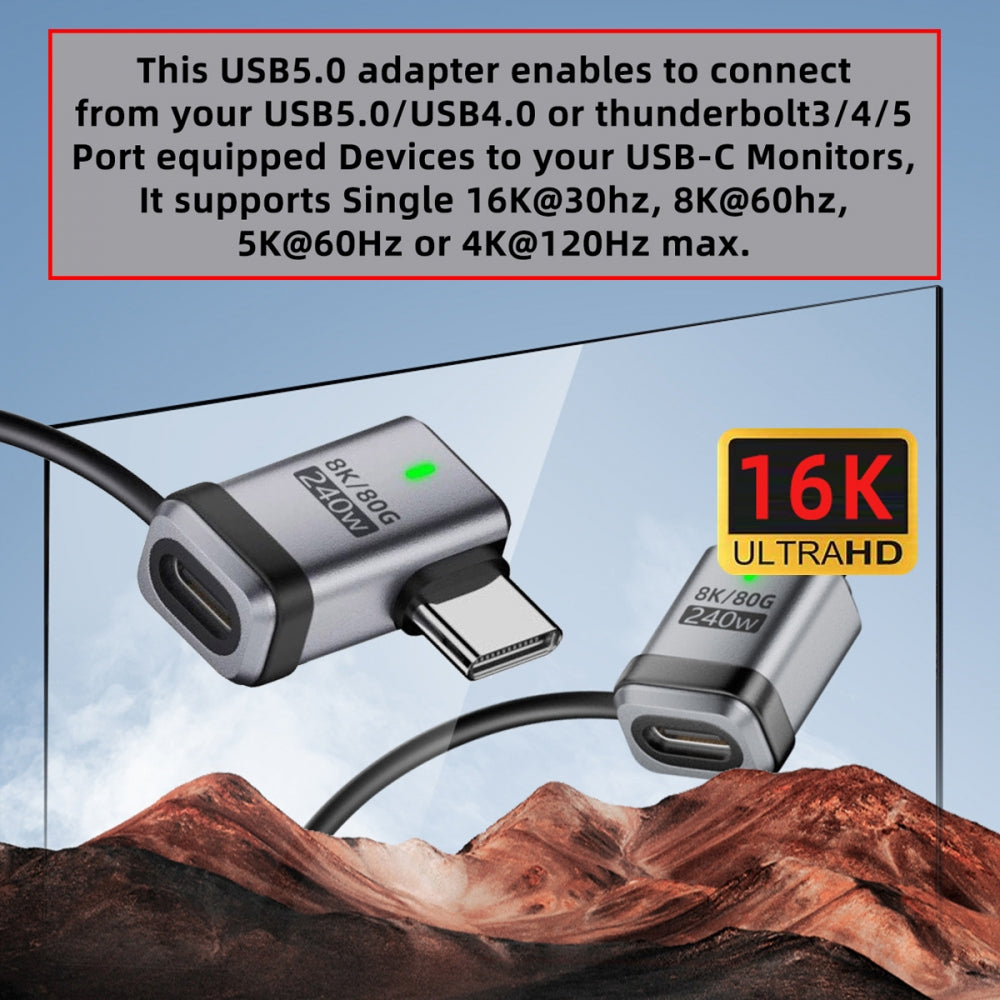 90 Degree USB5.0 80Gbps Male to Female Left Right Angled Extension Adapter with Lanyard Keychain 240W 16K 8K 5K Compatible with USB4.0 Thunderbolt3/4/5