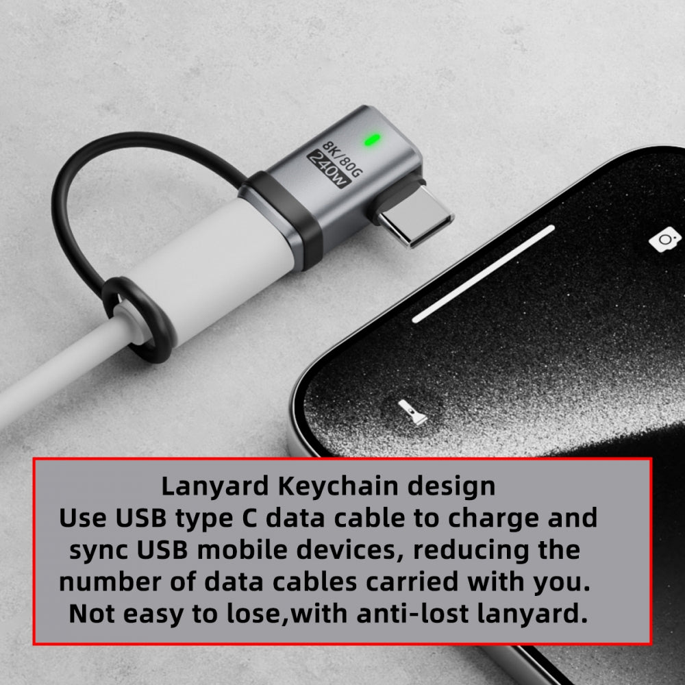 90 Degree USB5.0 80Gbps Male to Female Left Right Angled Extension Adapter with Lanyard Keychain 240W 16K 8K 5K Compatible with USB4.0 Thunderbolt3/4/5
