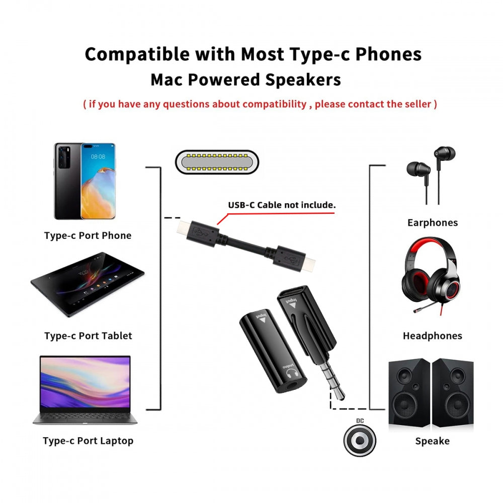 2pcs/lot Type-C USB-C Female to 3.5mm Male & Female Audio AUX & MIC Sound Card 16bit 48kHz Adapter Compatible with Laptop Tablet Phone
