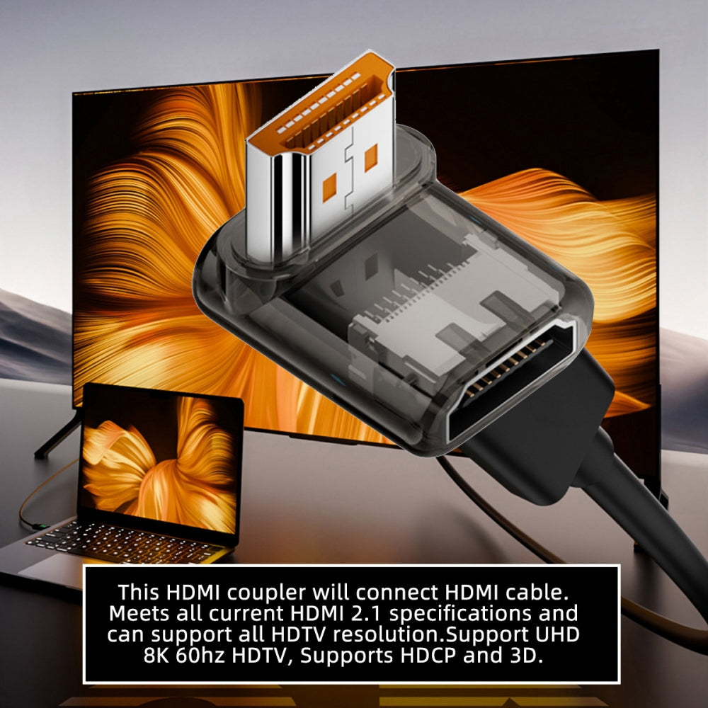 Down Angled 90 Degree Low Profile HDMI Male to HDMI 2.1 Female UHD Extension Adapter Extender Transparent with Smart LED 8K 60hz HDTV
