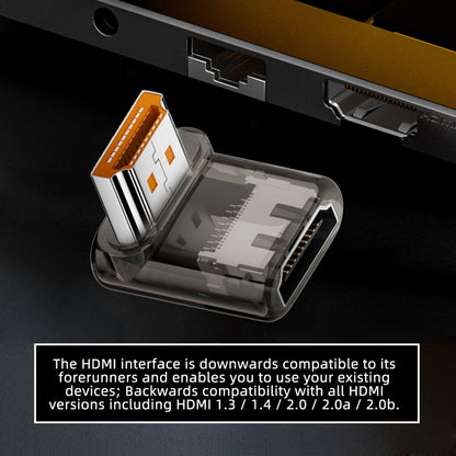 Down Angled 90 Degree Low Profile HDMI Male to HDMI 2.1 Female UHD Extension Adapter Extender Transparent with Smart LED 8K 60hz HDTV