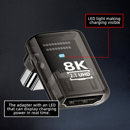 Down Angled 90 Degree Low Profile HDMI Male to HDMI 2.1 Female UHD Extension Adapter Extender Transparent with Smart LED 8K 60hz HDTV