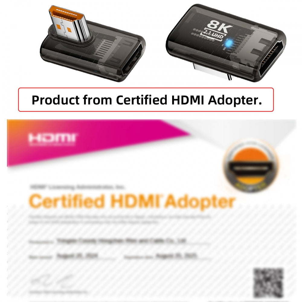 Left Angled 90 Degree Low Profile HDMI Male to HDMI 2.1 Female UHD Extension Adapter Extender Transparent with Smart LED 8K 60hz HDTV