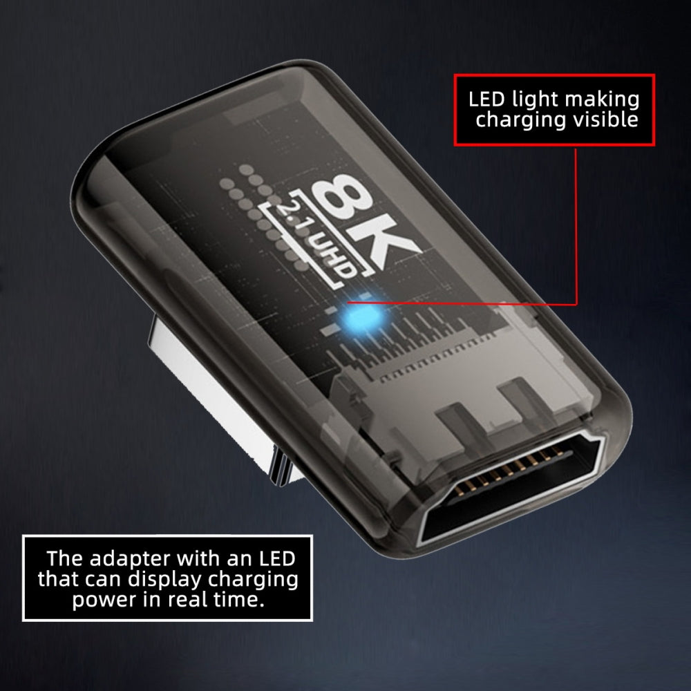 Left Angled 90 Degree Low Profile HDMI Male to HDMI 2.1 Female UHD Extension Adapter Extender Transparent with Smart LED 8K 60hz HDTV
