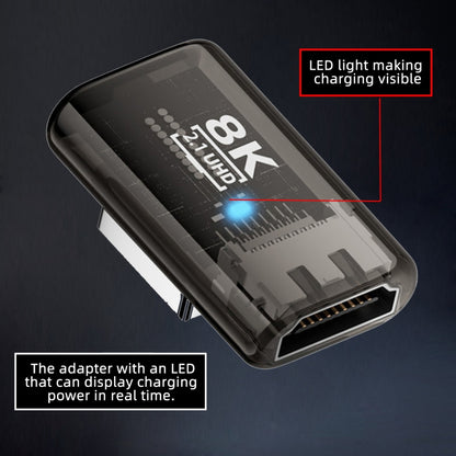 Left Angled 90 Degree Low Profile HDMI Male to HDMI 2.1 Female UHD Extension Adapter Extender Transparent with Smart LED 8K 60hz HDTV