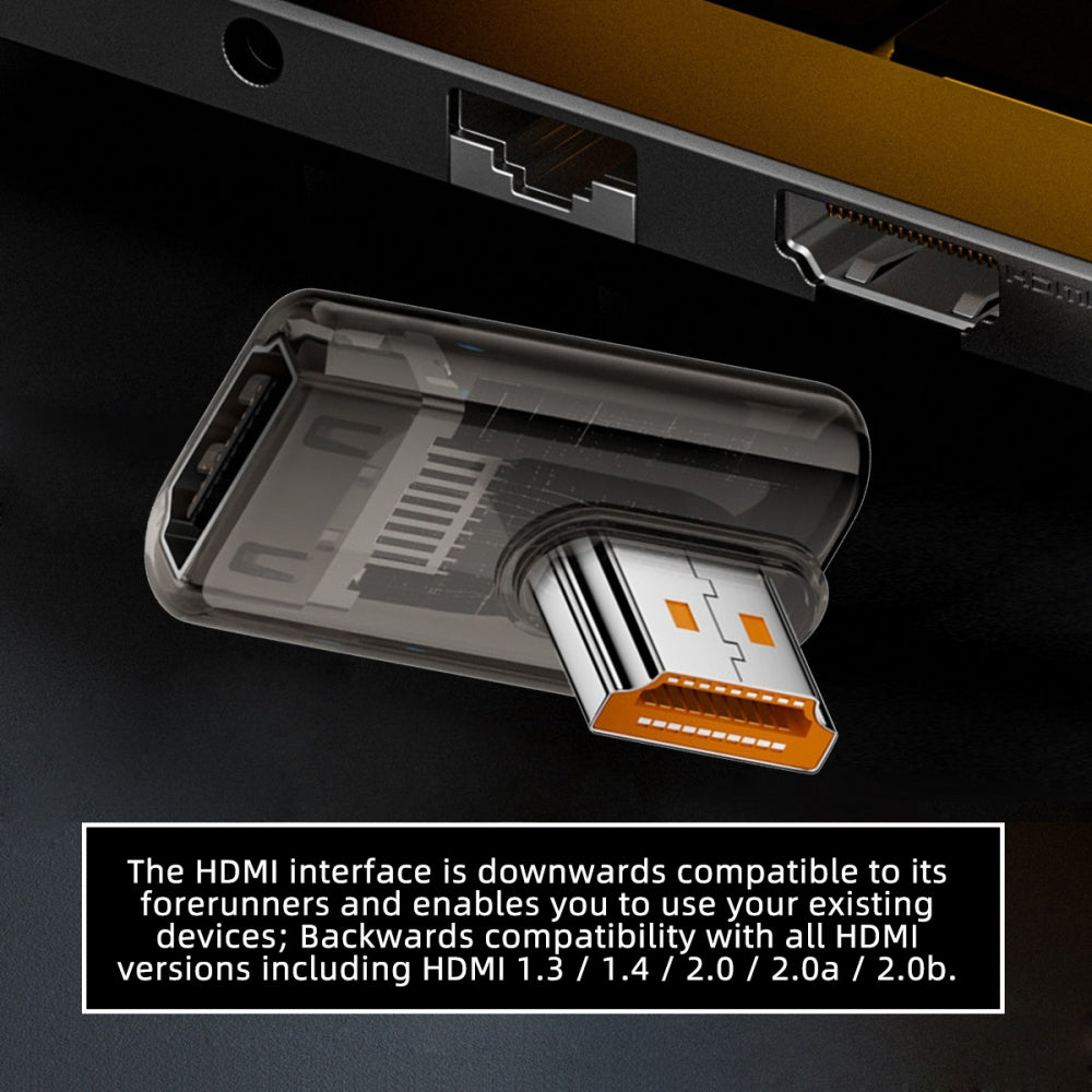 Left Angled 90 Degree Low Profile HDMI Male to HDMI 2.1 Female UHD Extension Adapter Extender Transparent with Smart LED 8K 60hz HDTV