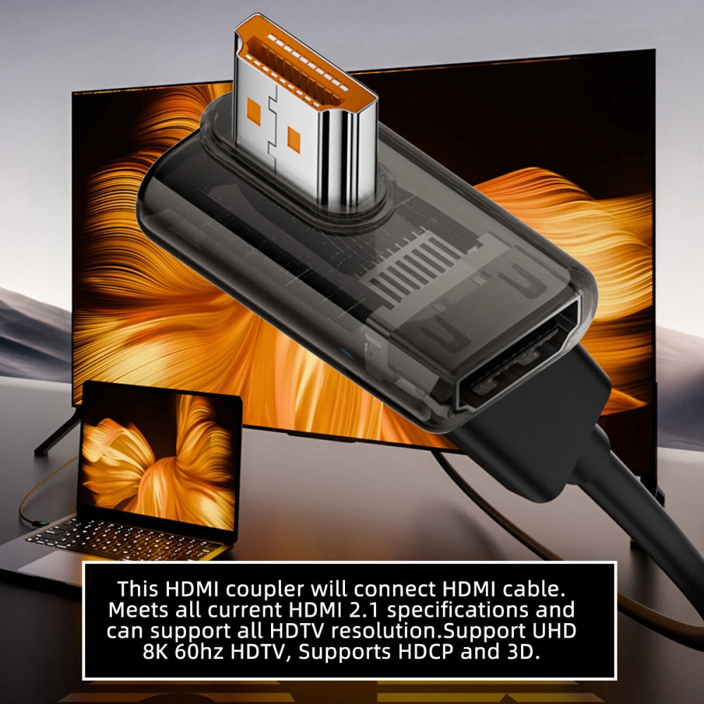 Left Angled 90 Degree Low Profile HDMI Male to HDMI 2.1 Female UHD Extension Adapter Extender Transparent with Smart LED 8K 60hz HDTV