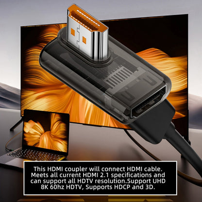 Left Angled 90 Degree Low Profile HDMI Male to HDMI 2.1 Female UHD Extension Adapter Extender Transparent with Smart LED 8K 60hz HDTV