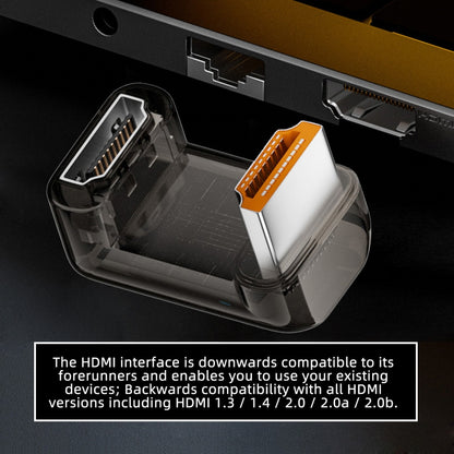 Down Angled 360 Degree Opposite U Shape Back HDMI Male to HDMI 2.1 Female UHD Extension Adapter Extender Transparent with Smart LED 8K 60hz HDTV