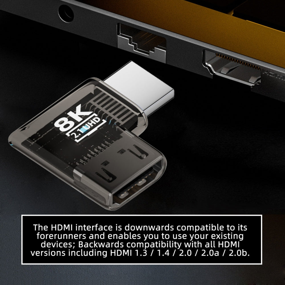 Right Angled 90 Degree Horizontal HDMI Male to HDMI 2.1 Female UHD Extension Adapter Extender Transparent with Smart LED 8K 60hz HDTV
