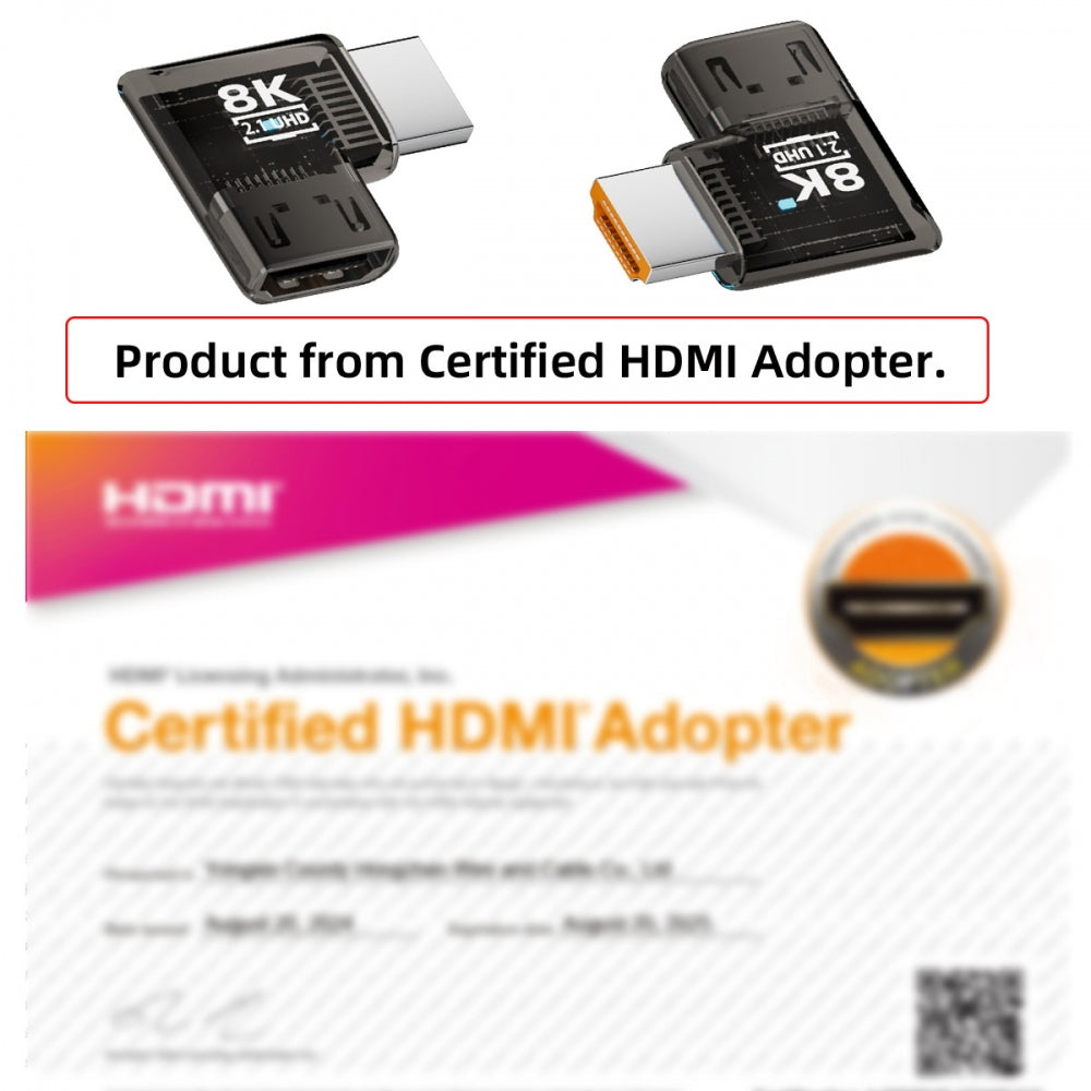 Right Angled 90 Degree Horizontal HDMI Male to HDMI 2.1 Female UHD Extension Adapter Extender Transparent with Smart LED 8K 60hz HDTV