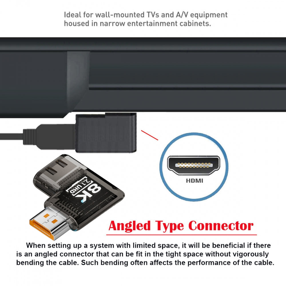 Left Angled 90 Degree Horizontal HDMI Male to HDMI 2.1 Female UHD Extension Adapter Extender Transparent with Smart LED 8K 60hz HDTV
