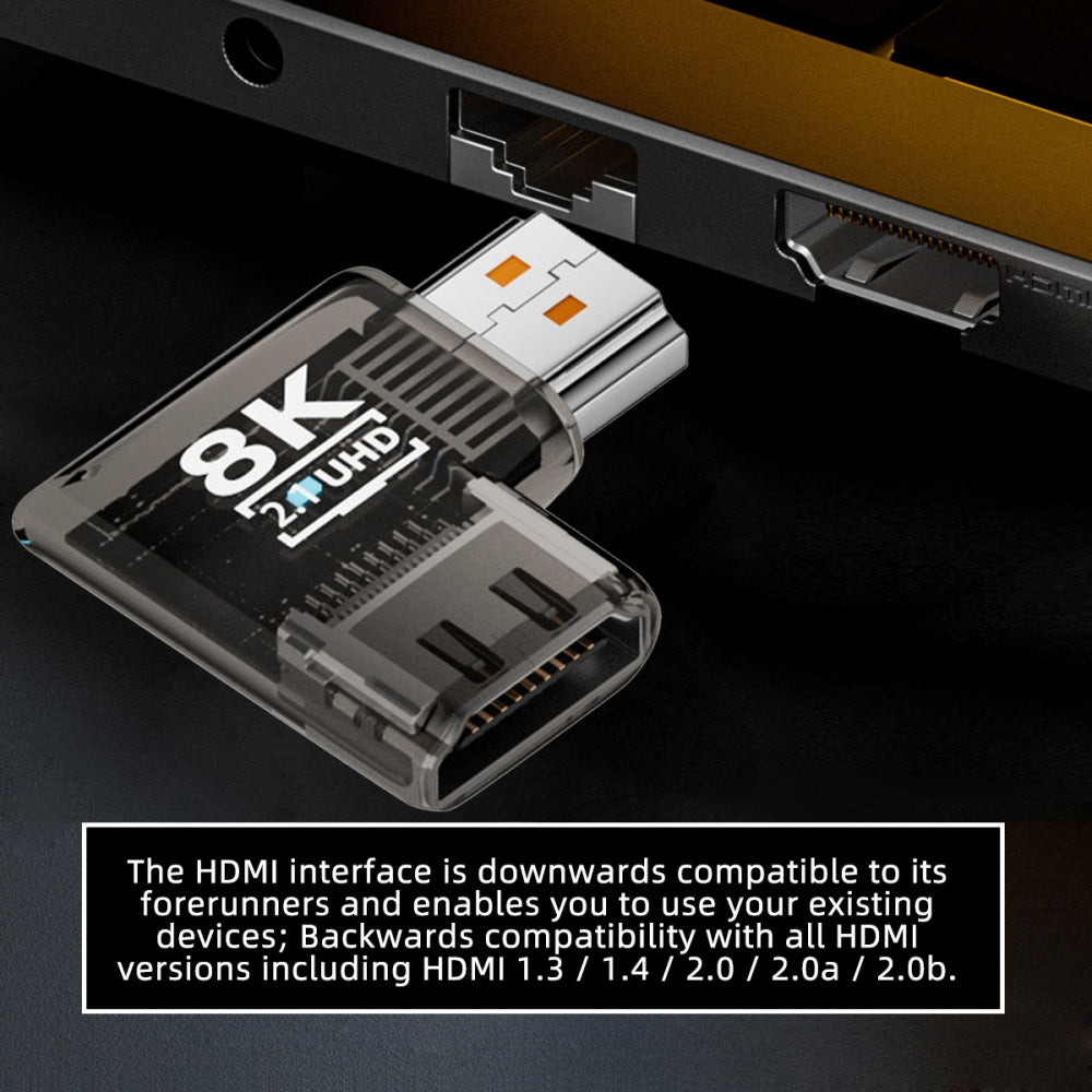 Left Angled 90 Degree Horizontal HDMI Male to HDMI 2.1 Female UHD Extension Adapter Extender Transparent with Smart LED 8K 60hz HDTV