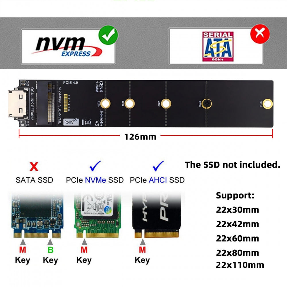 Oculink SFF-8612 SFF-8611 to M.2 NGFF M-Key to NVME PCIe SSD 2230 2280 22110 SSD PCBA Adapter for Mainboard