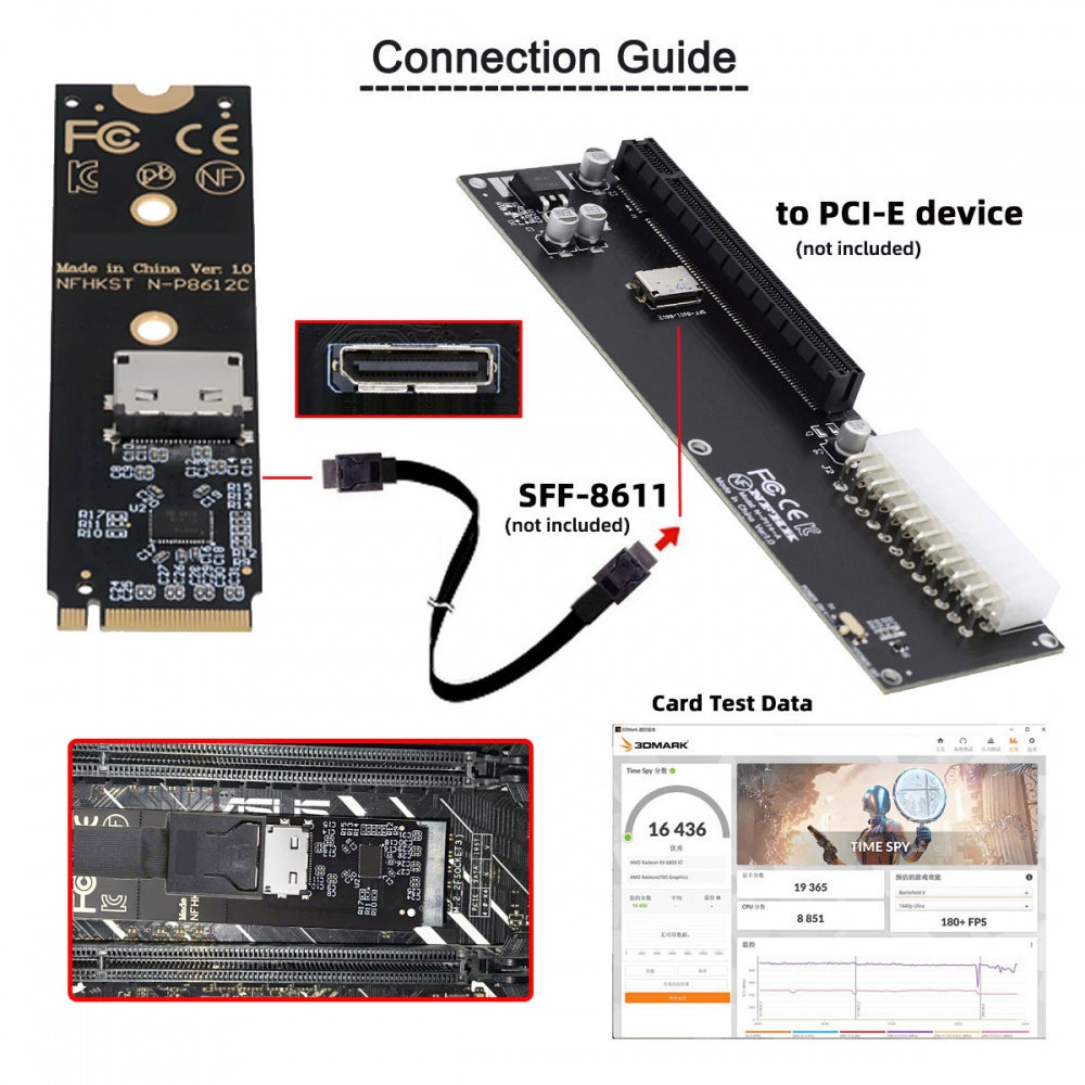 2280 PCI-E4.0 M.2 M-key NVME to Oculink SFF-8612 SFF-8611 Host Adapter with Linear Redriver for U.2 SSD eGPU over Long Cable Lengths