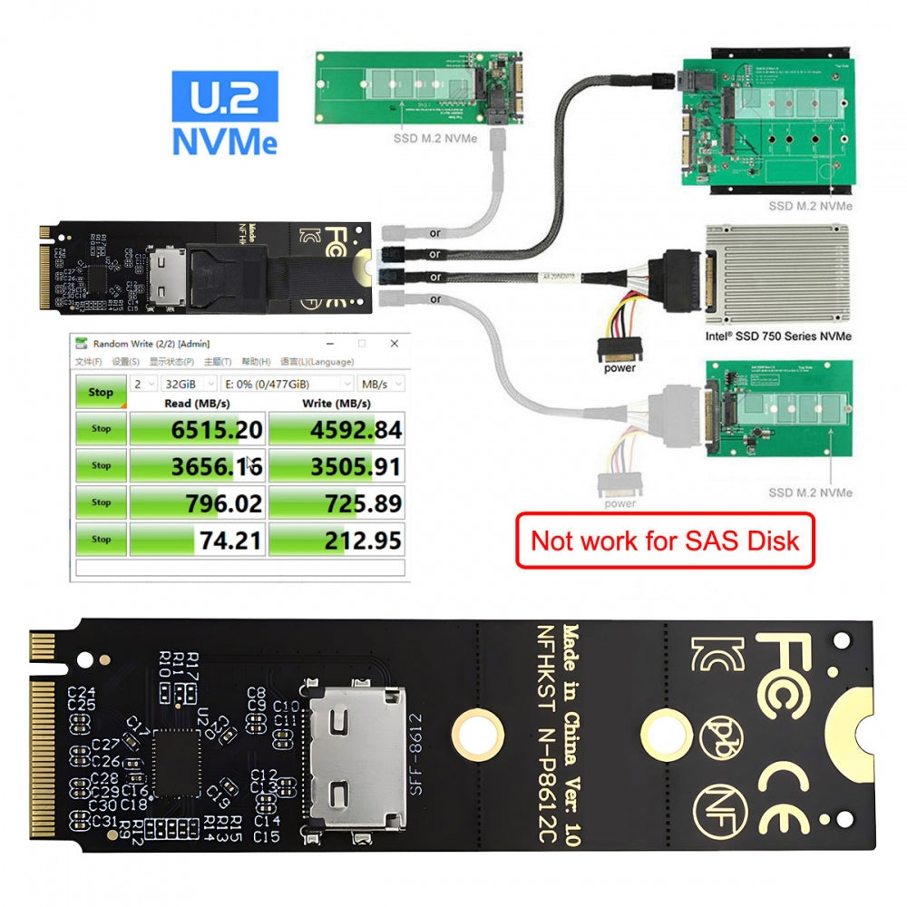 2280 PCI-E4.0 M.2 M-key NVME to Oculink SFF-8612 SFF-8611 Host Adapter with Linear Redriver for U.2 SSD eGPU over Long Cable Lengths