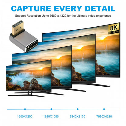 Up Angled DisplayPort 1.4 Male to DP Female 8K 60hz Adapter Ultra-HD UHD 4K 144hz 90 Degree for Video PC Laptop Monitor