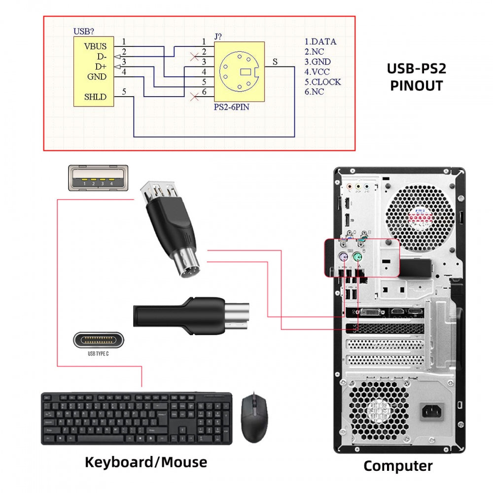 4pcs/lot USB 2.0 Type-A Type-C USB-C to PS2 Keyboard PS/2 Mouse Male to Female Adapter Mini-Din 6Pin