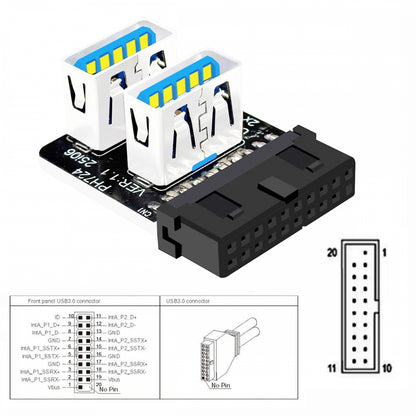 Forward Angled Dual USB 3.0 Type-A Female to Motherboard 20/19 Pin Box Header Slot Adapter 10Gbps Vertical Type Card 90 Degree