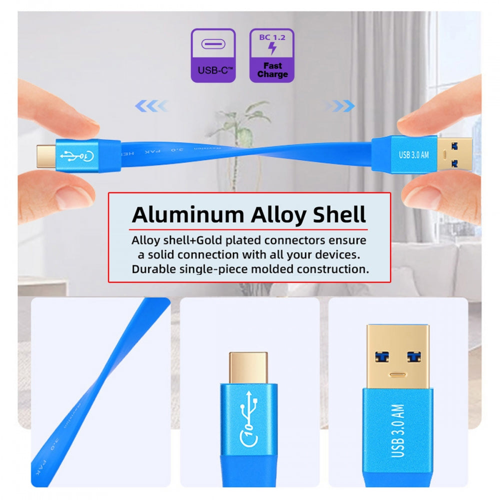 Ultra Flat Slim USB 3.0 Type-A Male to USB-C Type-C Male Cable Data Blue 10Gbps for Laptop Computer Disk SSD Camera