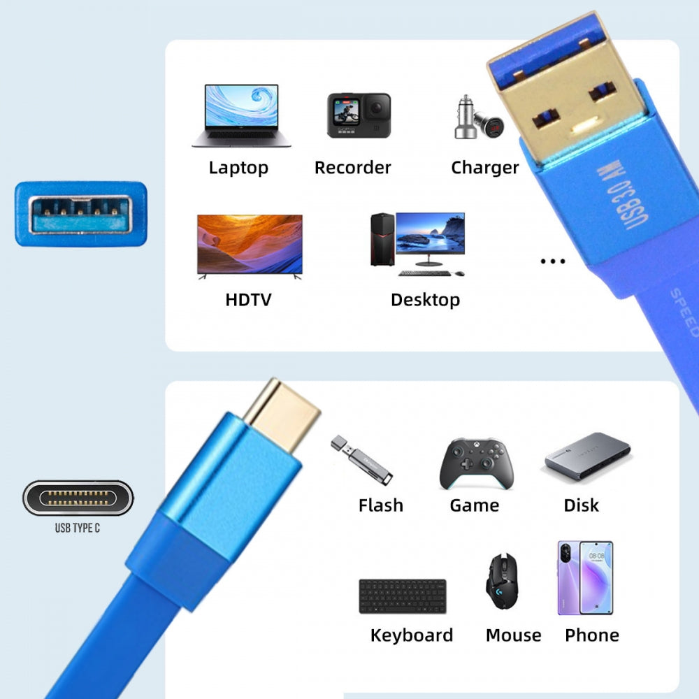 Ultra Flat Slim USB 3.0 Type-A Male to USB-C Type-C Male Cable Data Blue 10Gbps for Laptop Computer Disk SSD Camera