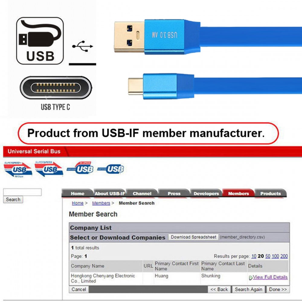Ultra Flat Slim USB 3.0 Type-A Male to USB-C Type-C Male Cable Data Blue 10Gbps for Laptop Computer Disk SSD Camera