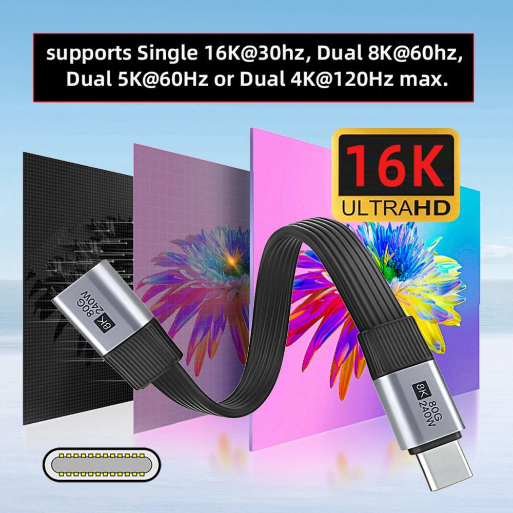 20cm USB5.0 80Gbps Flat Slim FPC Male to Female Extension Cable 240W 16K 8K 60Hz 5K Compatible with 40Gbps USB4.0 Thunderbolt3/4/5