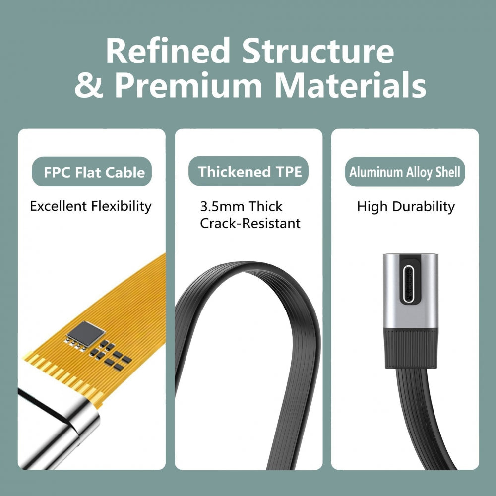 20cm USB5.0 80Gbps Flat Slim FPC Male to Male Extension Cable Low Profile Angled 90 Degree 240W 16K 8K 60Hz 5K Compatible with 40Gbps USB4.0 Thunderbolt3/4/5