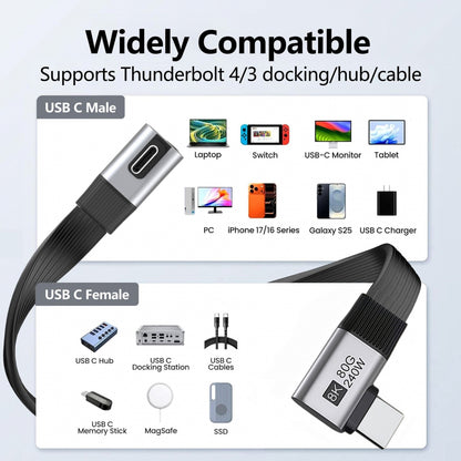 20cm USB5.0 80Gbps Flat Slim FPC Male to Male Extension Cable Low Profile to Right Angled 90 Degree 240W 16K 8K 60Hz 5K Compatible with 40Gbps USB4.0 Thunderbolt3/4/5