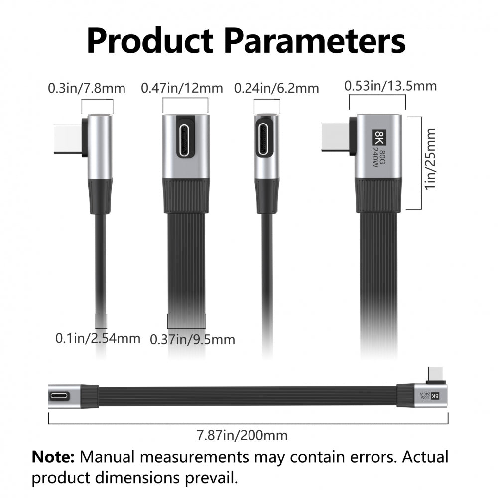20cm USB5.0 80Gbps Flat Slim FPC Male to Male Extension Cable Low Profile to Right Angled 90 Degree 240W 16K 8K 60Hz 5K Compatible with 40Gbps USB4.0 Thunderbolt3/4/5