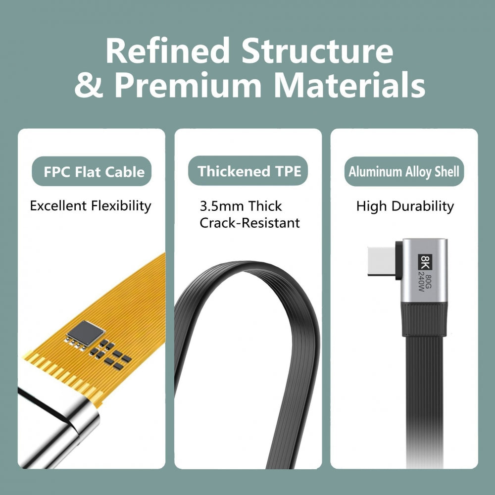 20cm USB5.0 80Gbps Flat Slim FPC Male to Male Extension Cable Low Profile to Right Angled 90 Degree 240W 16K 8K 60Hz 5K Compatible with 40Gbps USB4.0 Thunderbolt3/4/5