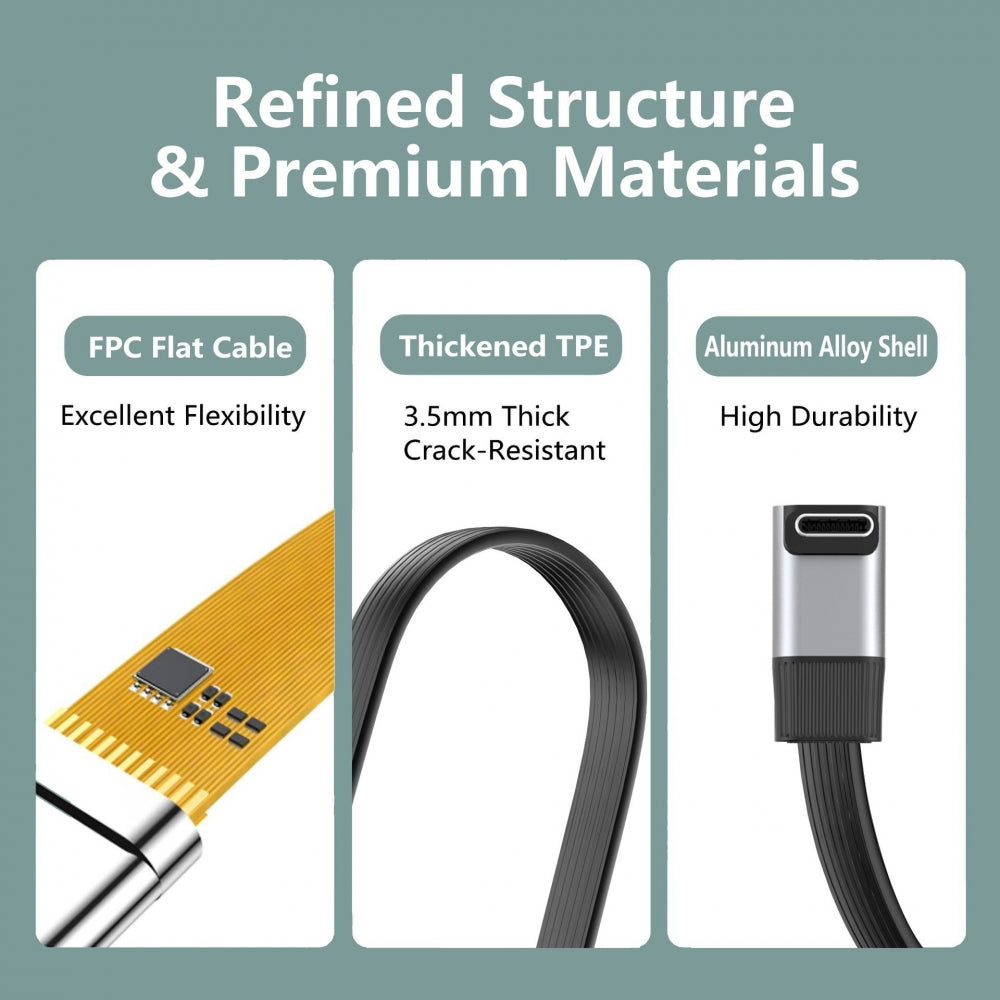 20cm USB5.0 80Gbps Flat Slim FPC Male to Male Extension Cable Up Angled 90 Degree 240W 16K 8K 60Hz 5K Compatible with 40Gbps USB4.0 Thunderbolt3/4/5