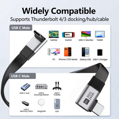 20cm USB5.0 80Gbps Flat Slim FPC Male to Male Extension Cable Up Angled to Right Angled 90 Degree 240W 16K 8K 60Hz 5K Compatible with 40Gbps USB4.0 Thunderbolt3/4/5