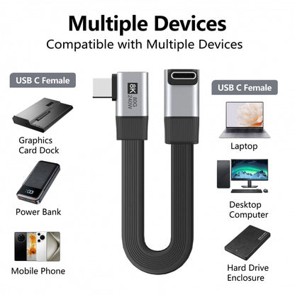 20cm USB5.0 80Gbps Flat Slim FPC Male to Male Extension Cable Up Angled to Right Angled 90 Degree 240W 16K 8K 60Hz 5K Compatible with 40Gbps USB4.0 Thunderbolt3/4/5