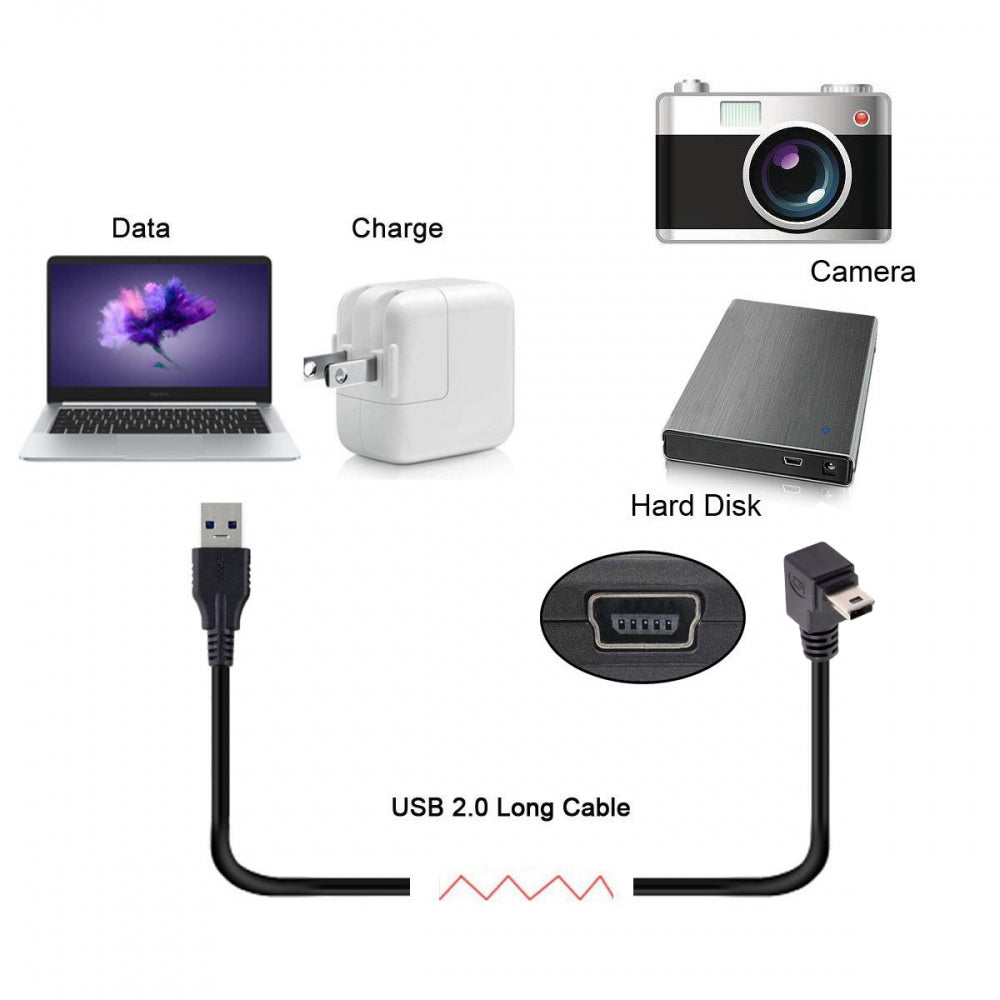 Mini USB2.0 Type-B 5Pin Male Down Angled 90 Degree Connector to USB 2.0 Type-A Male Power Data Cable for Camera GPS MP3 MP4 (50cm)