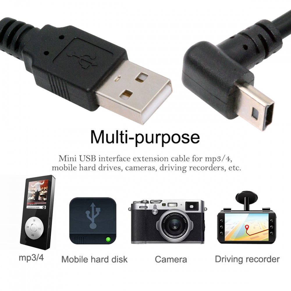 Mini USB2.0 Type-B 5Pin Male Down Angled 90 Degree Connector to USB 2.0 Type-A Male Power Data Cable for Camera GPS MP3 MP4 (150cm)