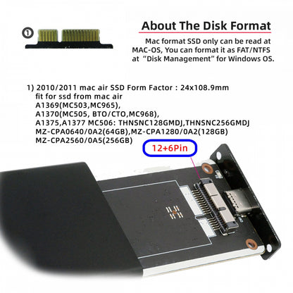 USB3.0 Type-C 5Gbps to 12+6Pin Mobile Box USB-C Enclosure for MAC Air Pro 2010 2011 SSD Portable Case