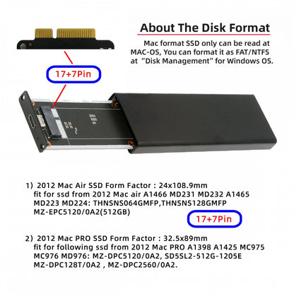 USB3.0 Type-C 5Gbps to 17+7Pin Mobile Box USB-C Enclosure for MAC Air Pro Retina 2012 SSD Portable Case