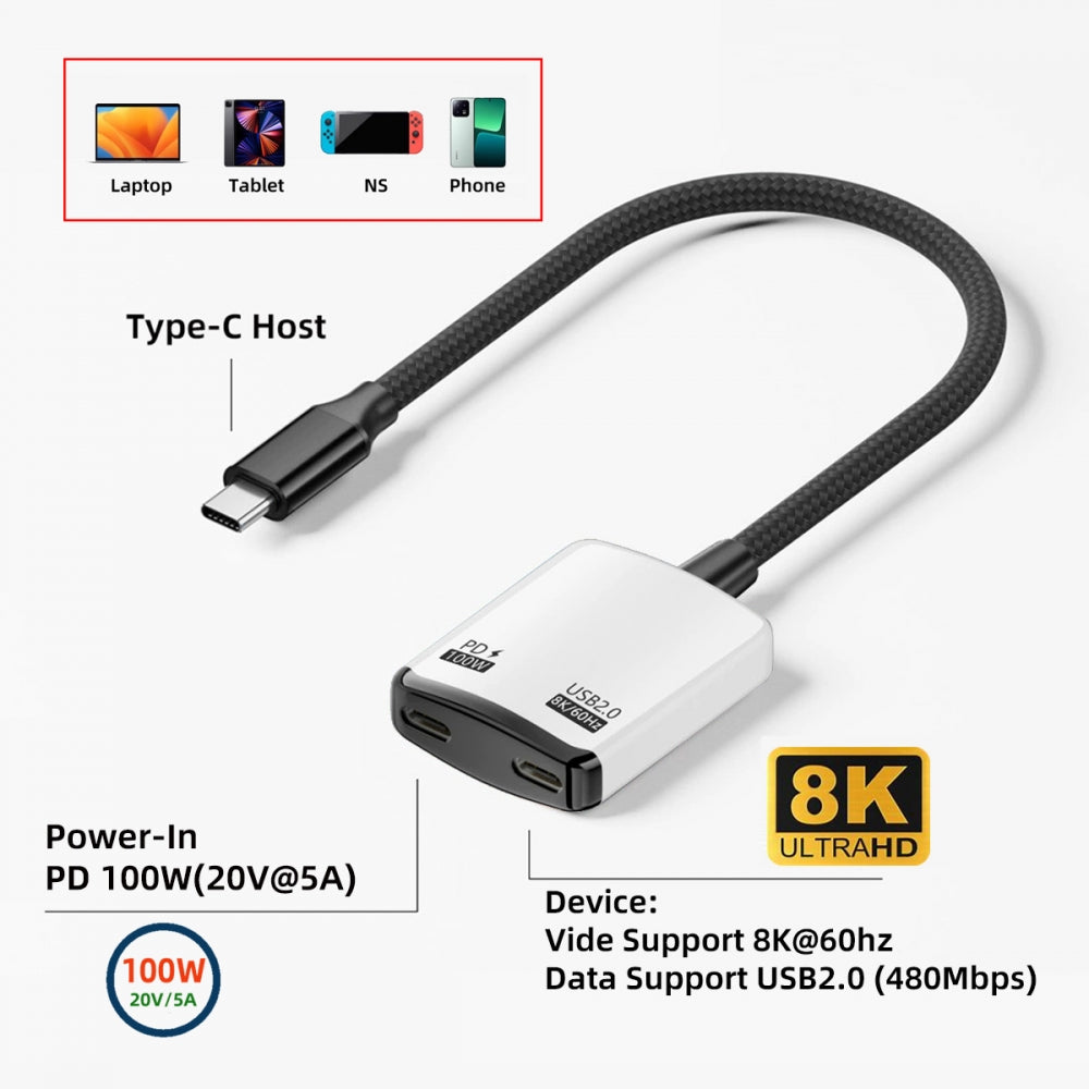 White USB-C Type-C 1-to-2 VR AR Glass OTG 8K Video USB-C Female 100W PD Power Cable for NS Handheld Console Laptop Tablet Phone