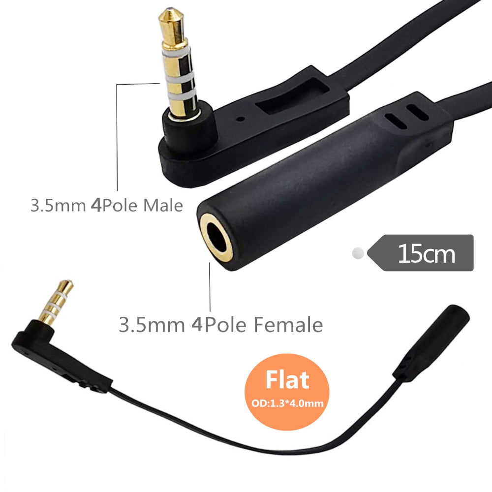 Ultra Slim Flat AUX 3.5mm 4 Poles Audio Stereo Male to Female Extension Speaker Cable 90 Degree Right Angled 15cm