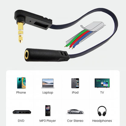 Ultra Slim Flat AUX 3.5mm 3-Poles Audio Stereo Male to Female Extension Speaker Cable 90 Degree Right Angled 15cm
