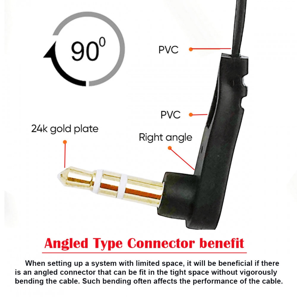 Ultra Slim Flat AUX 3.5mm 3-Poles Audio Stereo Male to Female Extension Speaker Cable 90 Degree Right Angled 15cm