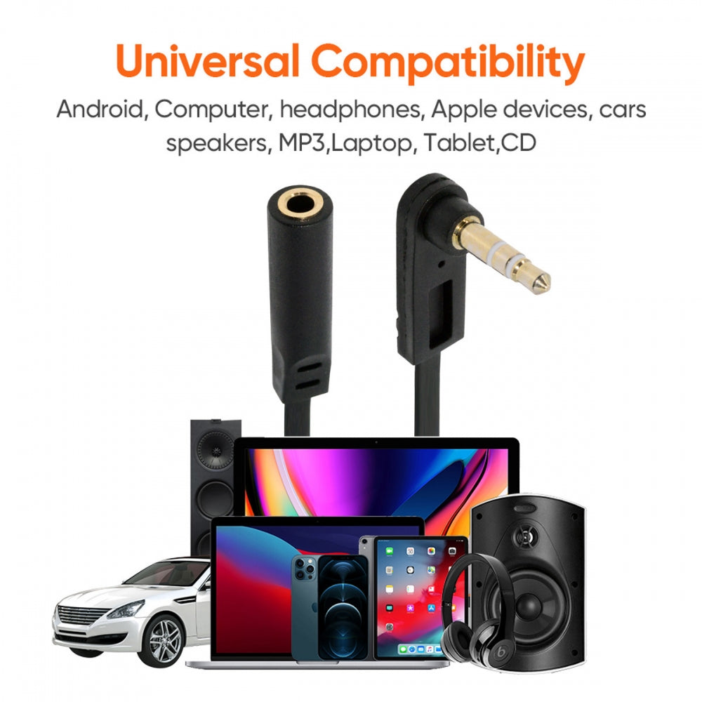 Ultra Slim Flat AUX 3.5mm 3-Poles Audio Stereo Male to Female Extension Speaker Cable 90 Degree Right Angled 15cm