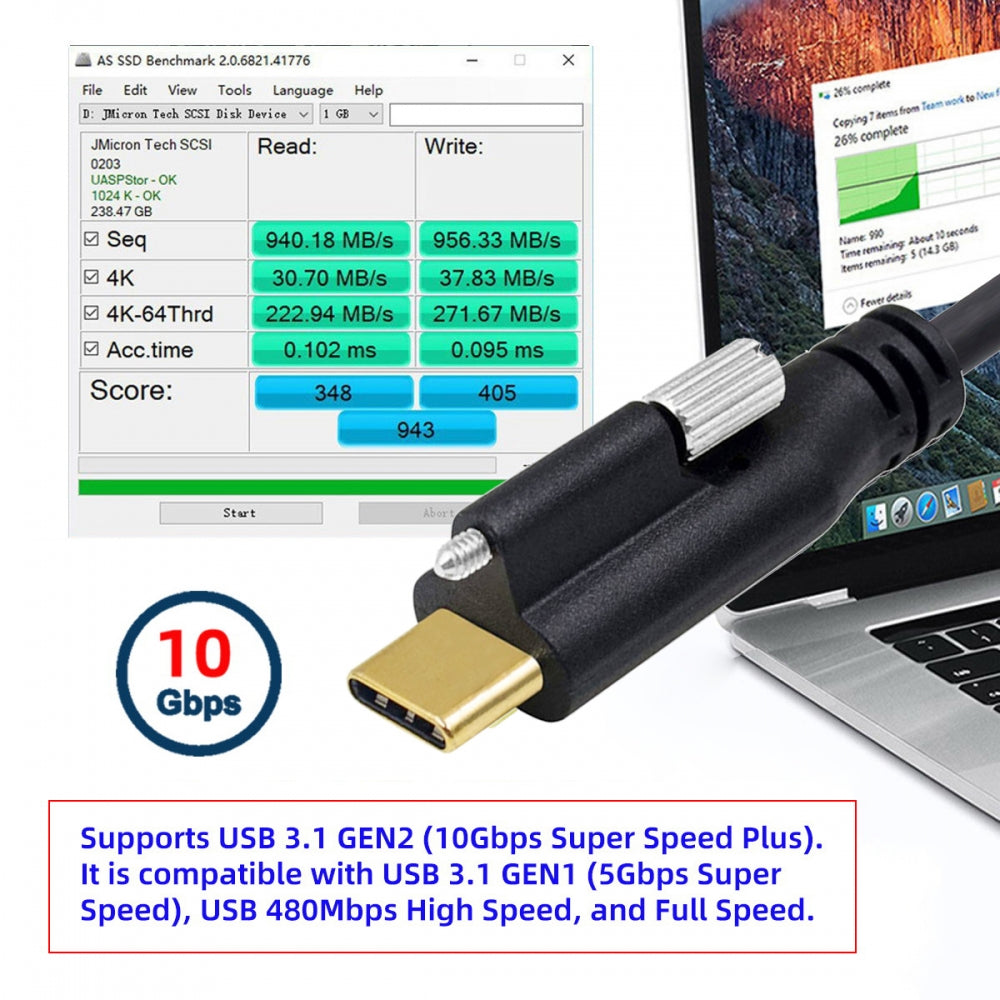 USB 3.1 Type-C Male Single Screw to Single Thumbscrew Locking USB-C Horizontal 90 Degree Left Right Angled 10Gbps Data Cable Panel Mount Type