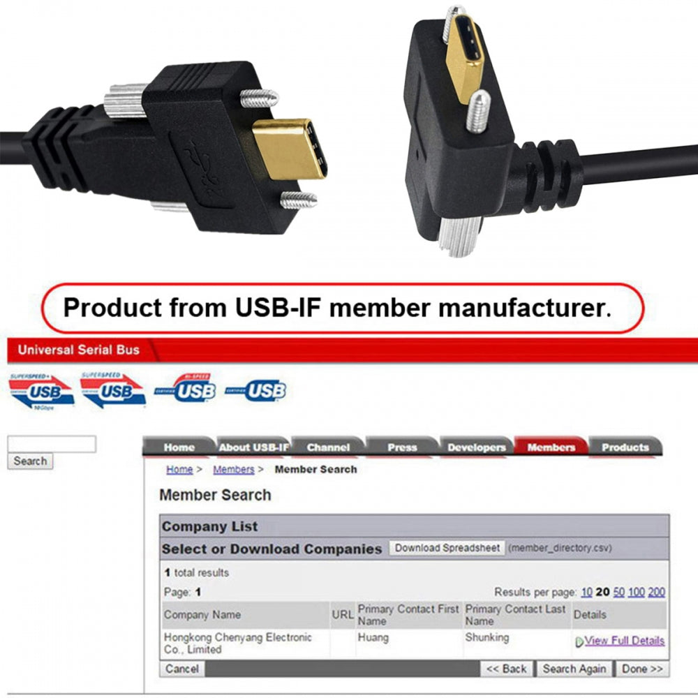 USB 3.1 Type-C Male Dual Screw to Dual Thumbscrew Locking USB-C Up Down Angled 90 Degree 10Gbps Data Cable Panel Mount Type