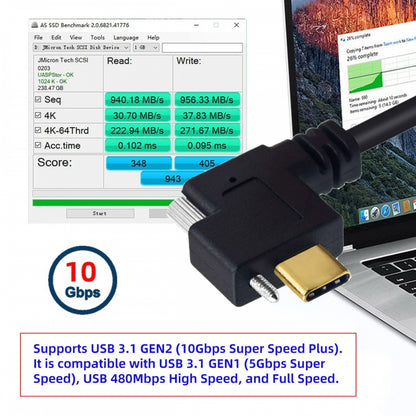 USB 3.1 Type-C Male Dual Screw to Single Thumbscrew Locking USB-C Horizontal 90 Degree Left Right Angled 10Gbps Data Cable Panel Mount Type