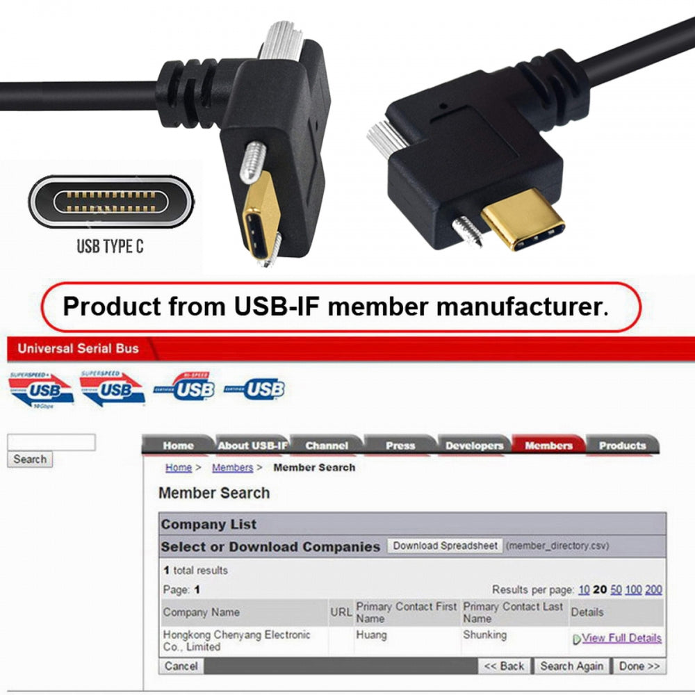 USB 3.1 Type-C Male Single Screw Angled to Dual Thumbscrew Locking USB-C Up Down Angled 90 Degree 10Gbps Data Cable Panel Mount Type