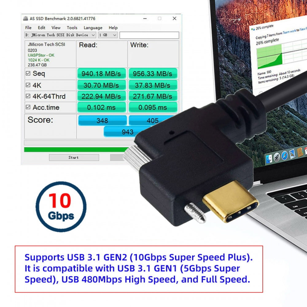 USB 3.1 Type-C Male Single Screw Angled to Dual Thumbscrew Locking USB-C Up Down Angled 90 Degree 10Gbps Data Cable Panel Mount Type